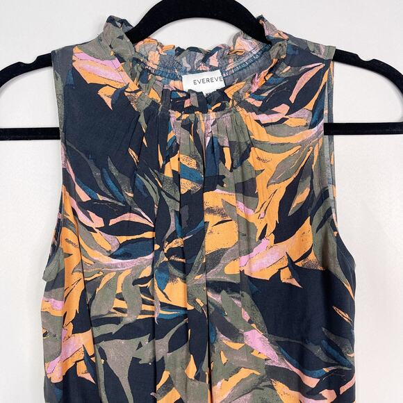 Evereve XSmall XS Floral Palm Print Pleated Neck Sleeveless Blouse Blue Orange - Picture 3 of 7
